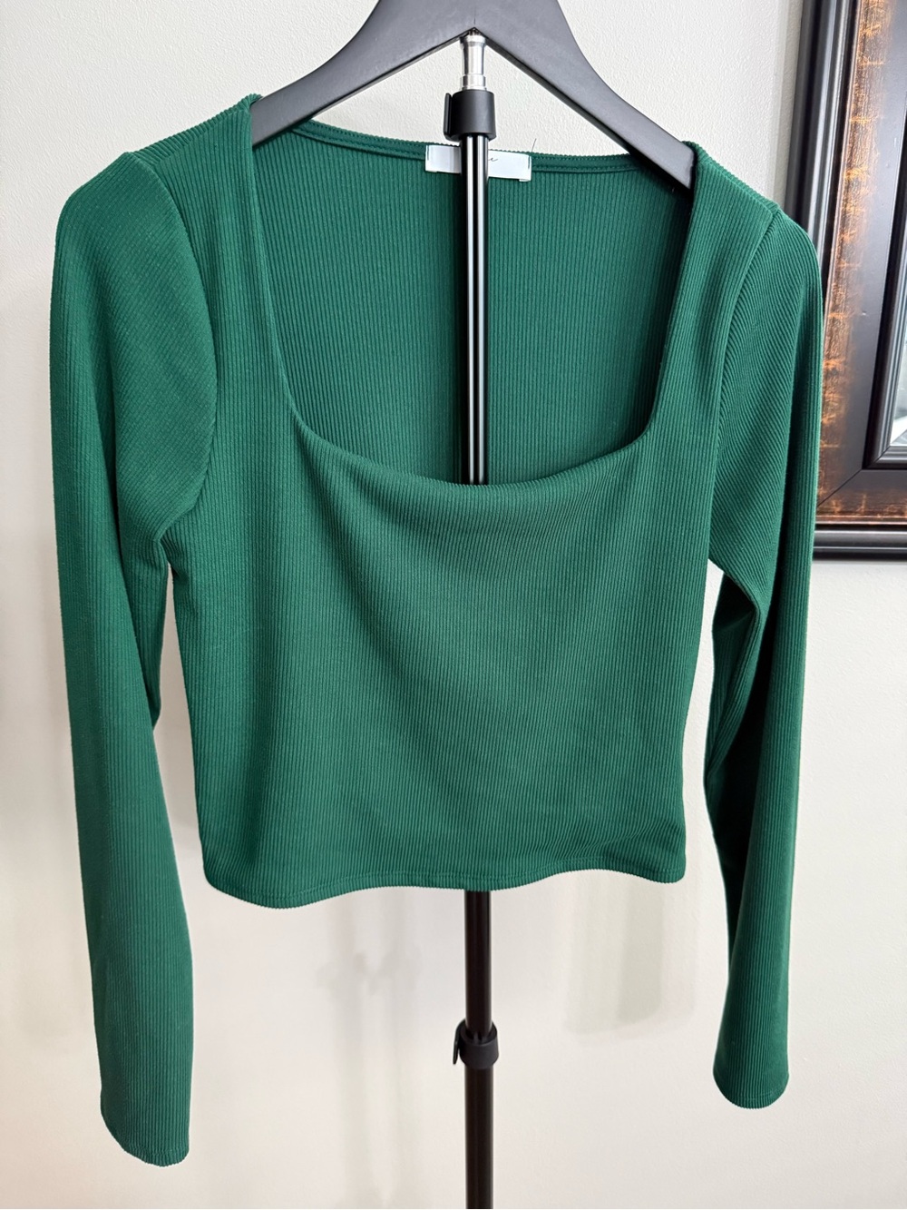 gaze Forest Green Square-Neck Ribbed Long Sleeve Crop Top